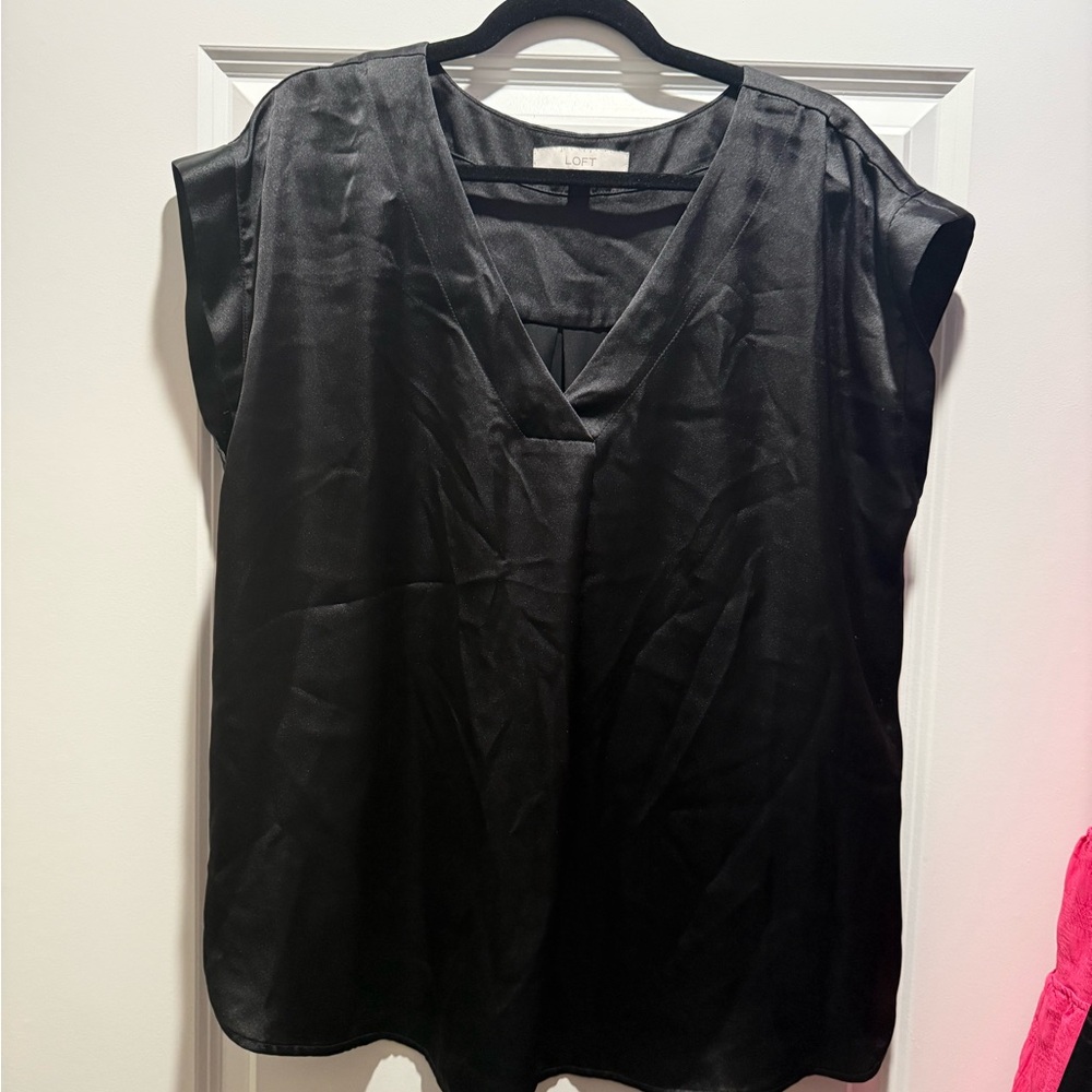 LOFT Black Satin V-Neck Cap Sleeve Blouse